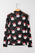 Santa Print Sheer Mesh Mock Neck Slim Fit Long Sleeve Top